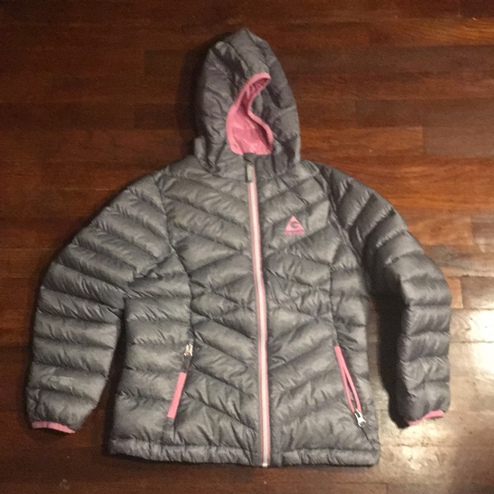 Pink and grey puffer jacket from costco